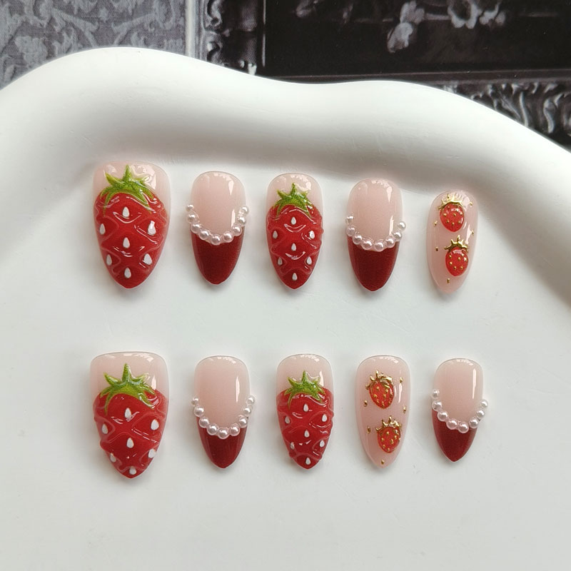 Nail Art Press On - 10개입 여성용 프랑스 스타일 3D 딸기,