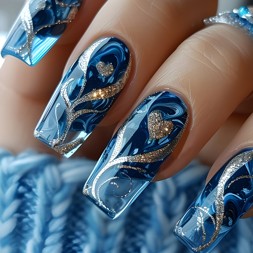 Nail Art Press On - 24개 블루 프레스온 네일 스파이시 걸