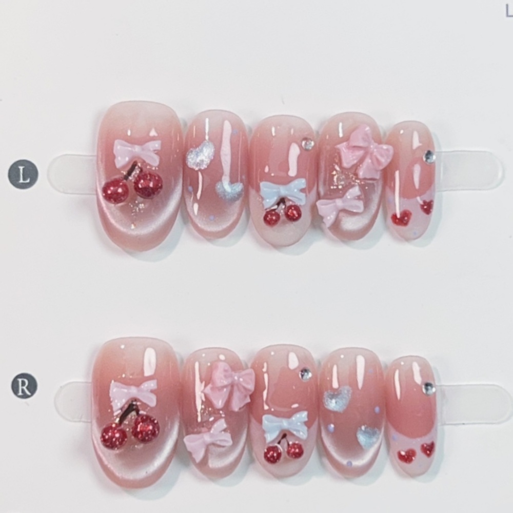 Nail Art Pink - 10개 고양이 눈 수제 가짜 네일