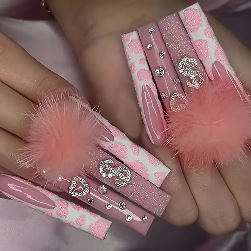 Nail Art Pink - 엑스트라 롱 스퀘어 프레스 네일 러브