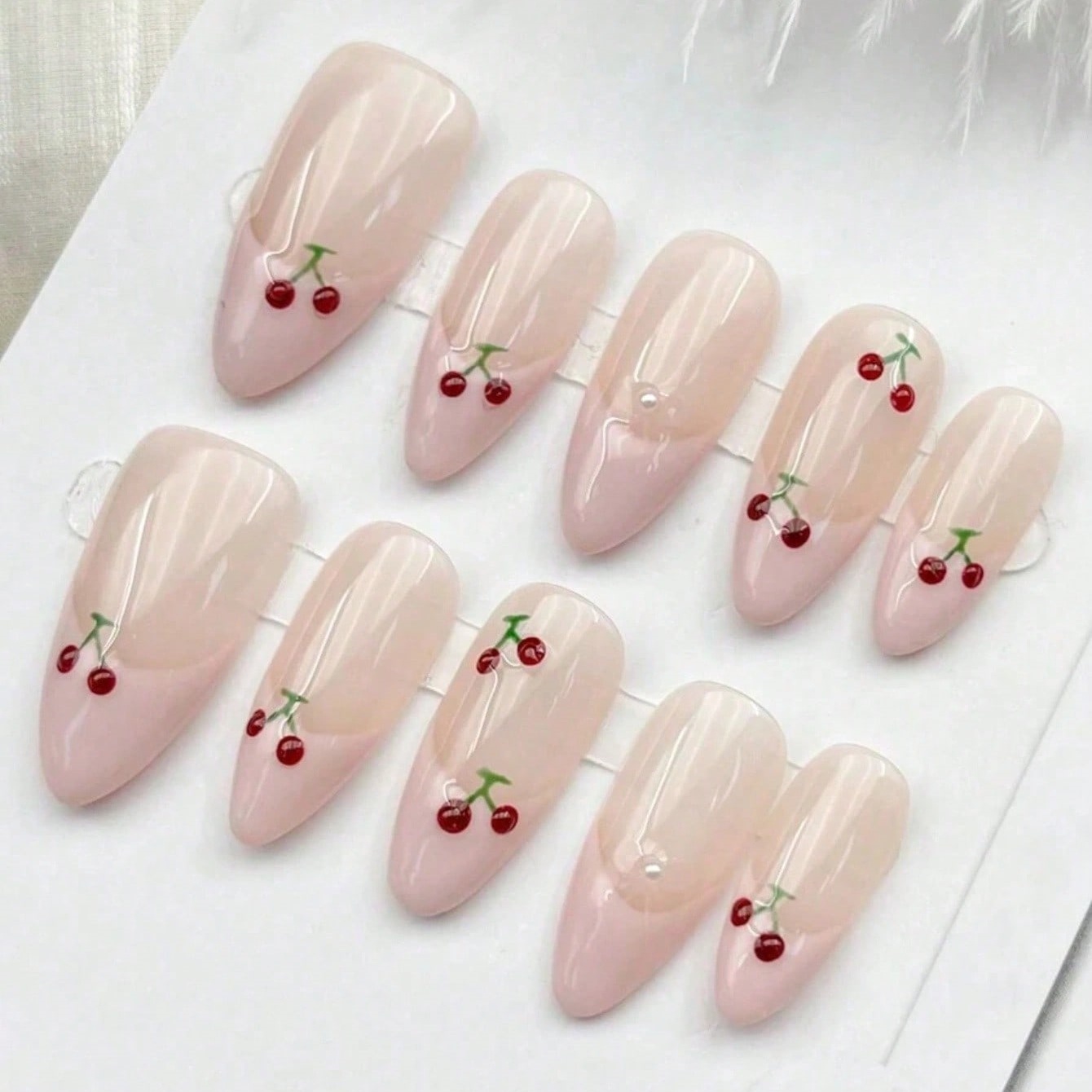 10개 중간 사이즈 아몬드 누드 핑크 핸드페인팅 체리  - Nail Art Pink 리뷰 및 가격