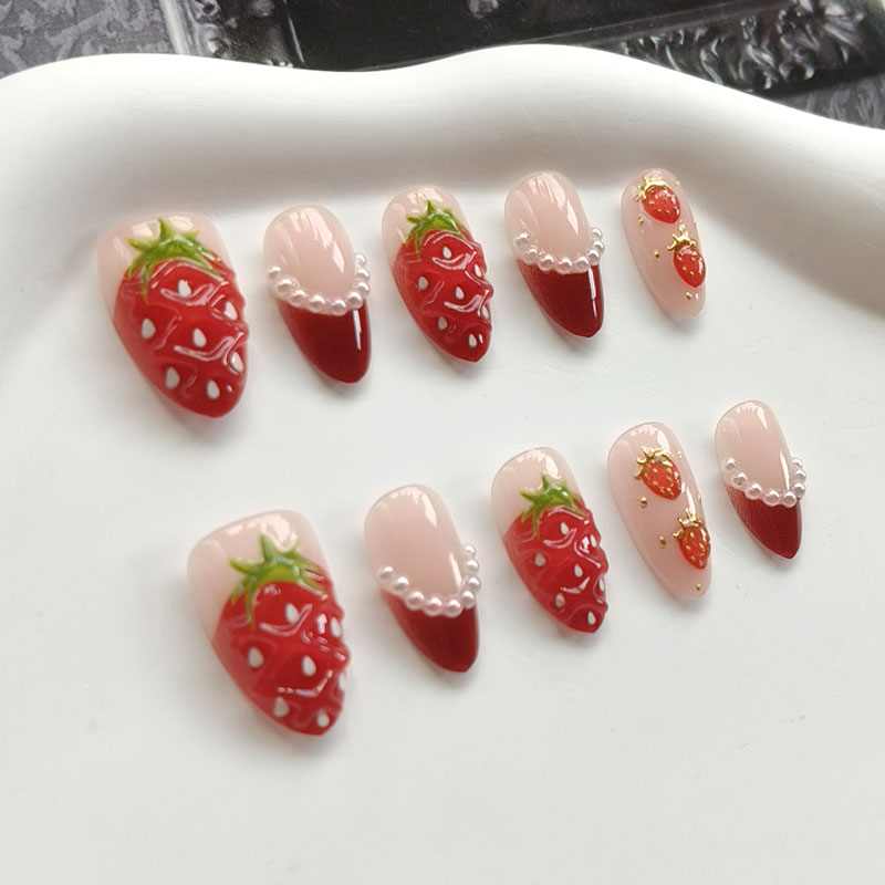 10개입 여성용 프랑스 스타일 3D 딸기, 금색, 빨간 - Nail Art Press On 리뷰 및 가격