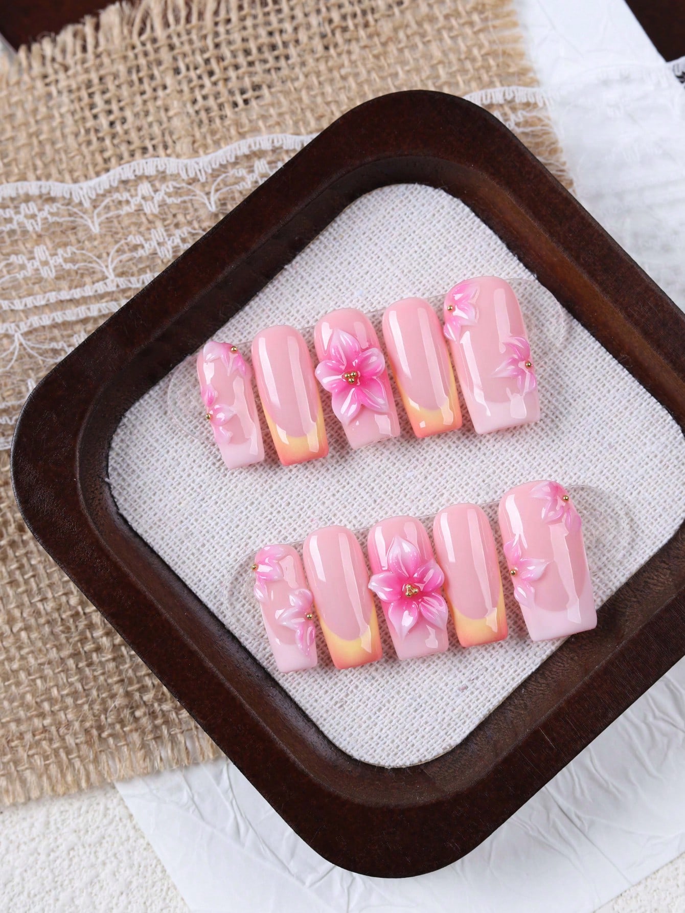 10개의 중간 길이 직사각형 누드 핑크와 오렌지 그라데 - Nail Art Orange 리뷰 및 가격